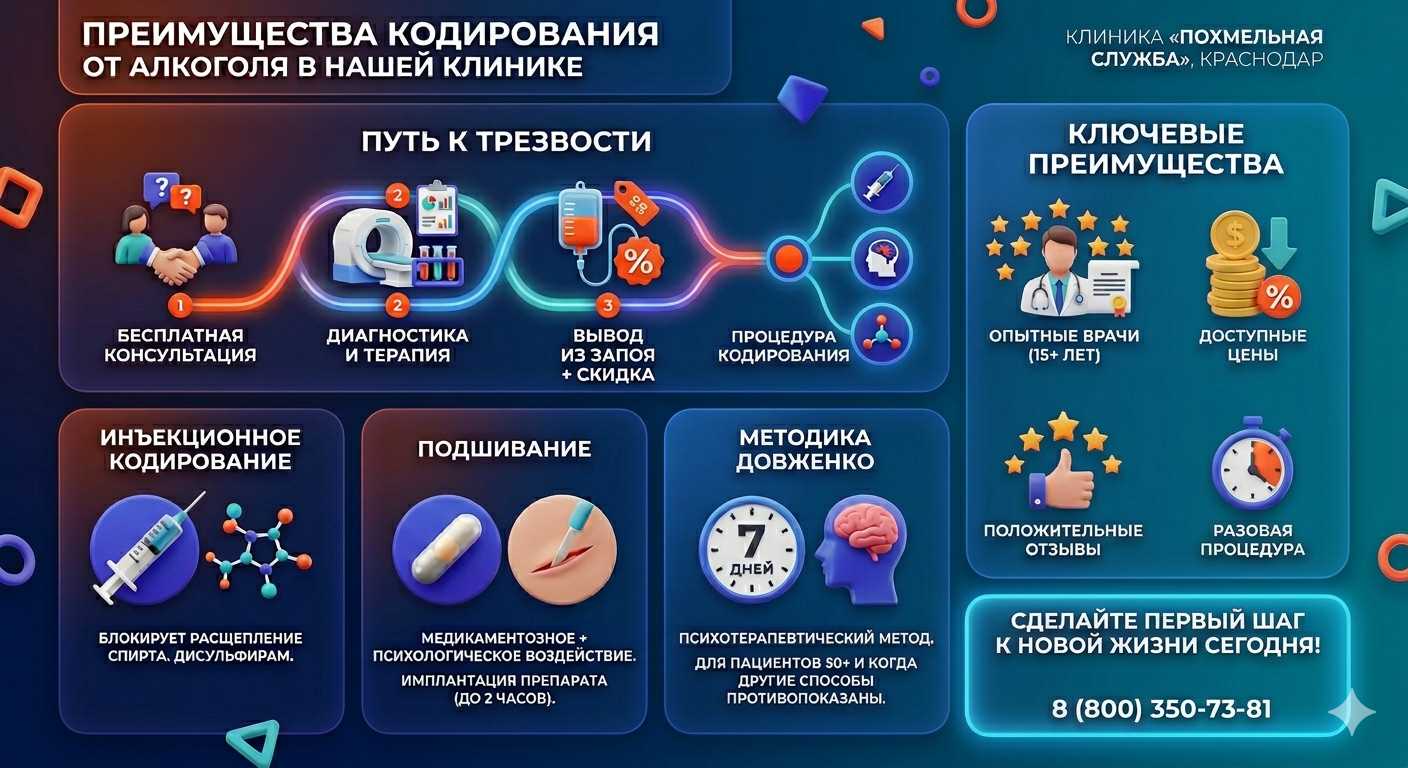 Инфографика о методах кодирования от алкоголя в Чернышевске: инъекции, подшивание, метод Довженко. Преимущества клиники и этапы лечения.